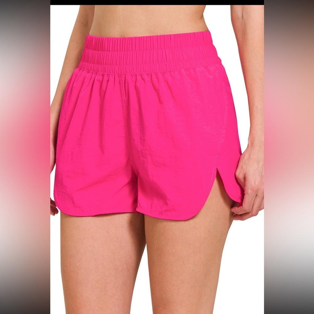 Zenana HOT PINK WINDBREAKER SMOCKED WAISTBAND RUNNING SHORTS